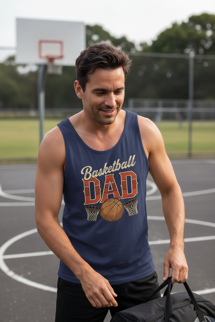Vintage Basketball Dad Tank Top– Retro Sports Fan Pride Design NAVY - FRONT