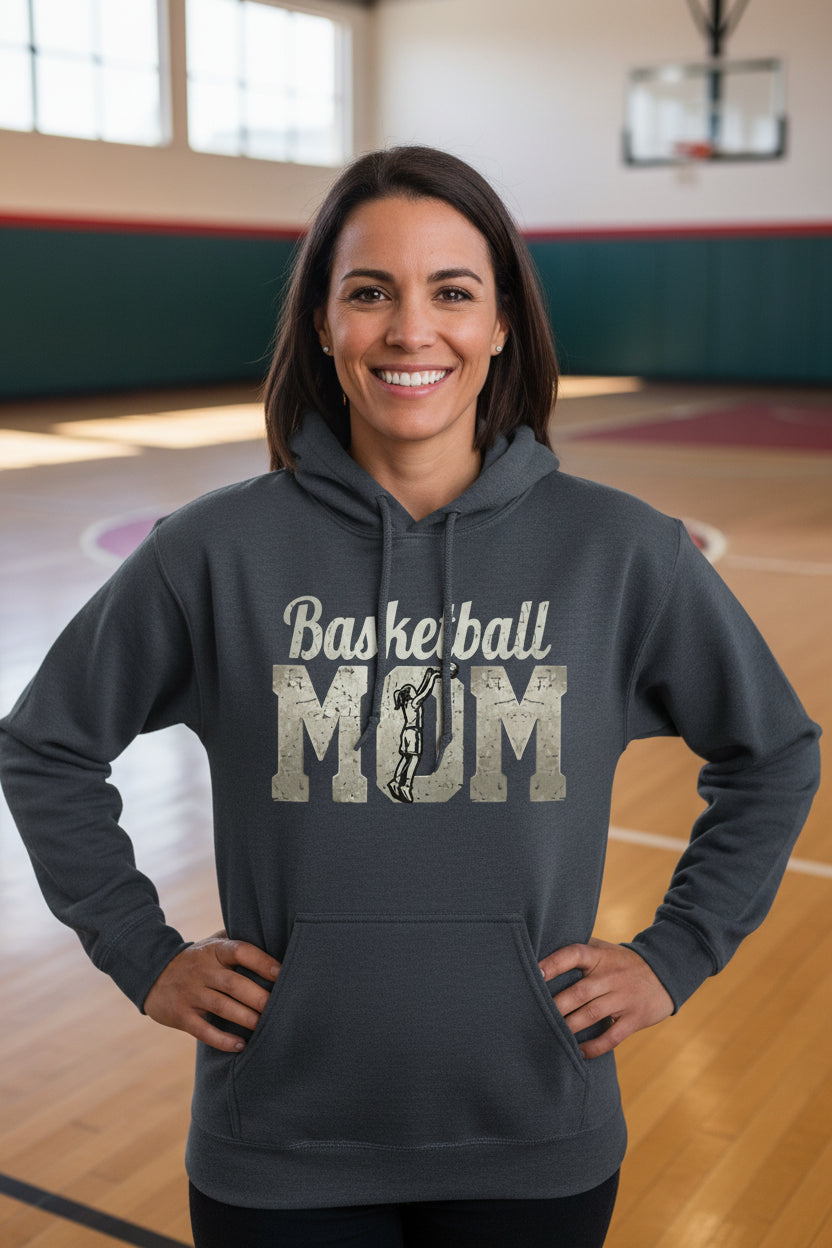 Vintage Basketball Mom Dunk Art – Bold Sports Spirit Supporter Hoodie DARK HEATHER - FRONT