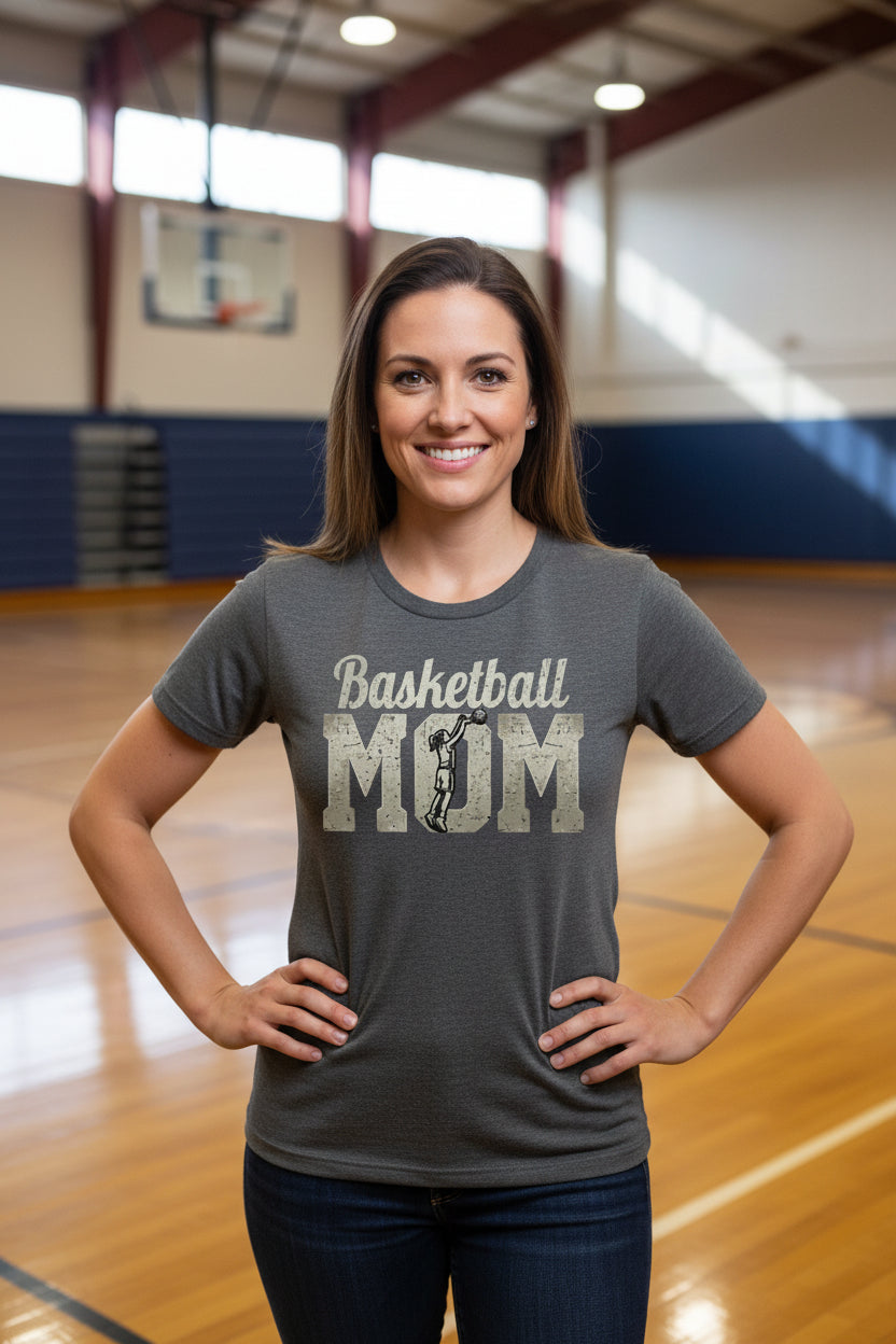 Vintage Basketball Mom Dunk Art – Bold Sports Spirit Supporter T-Shirt DRK GREY HEATHER - FRONT