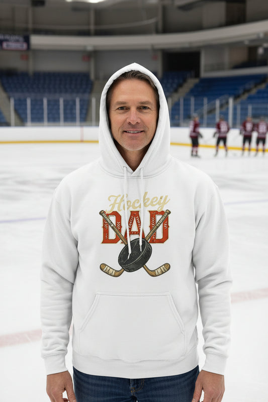 Vintage Hockey Dad Hoodie – Retro Sports Fan Pride Design WHITE - FRONT