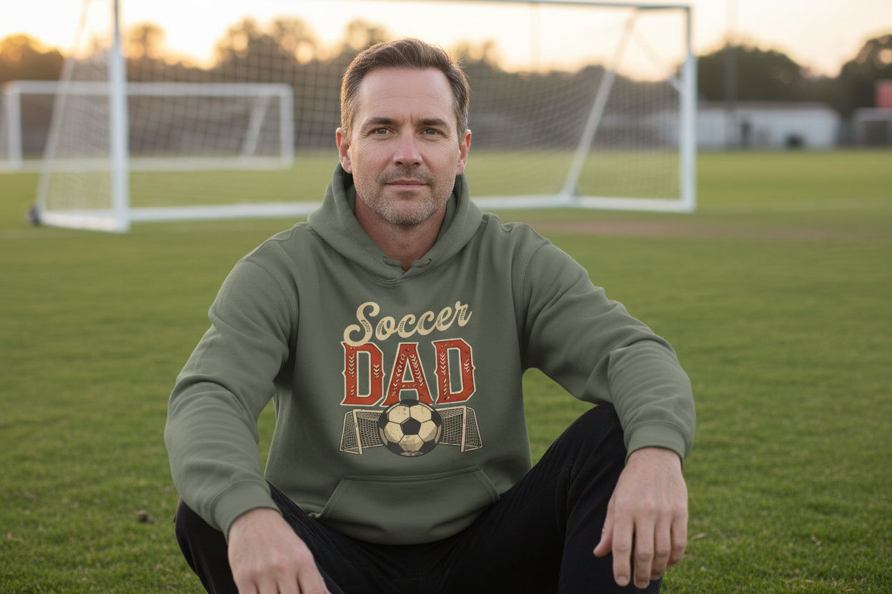 Vintage Soccer Dad Hoodie – Retro Sports Fan Pride Design MILITARY GREEN - FRONT