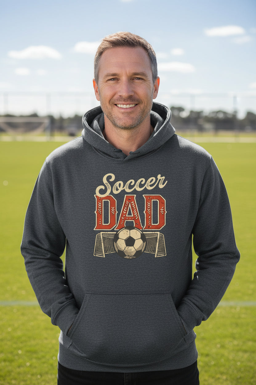 Vintage Soccer Dad Hoodie – Retro Sports Fan Pride Design DARK HEATHER - FRONT