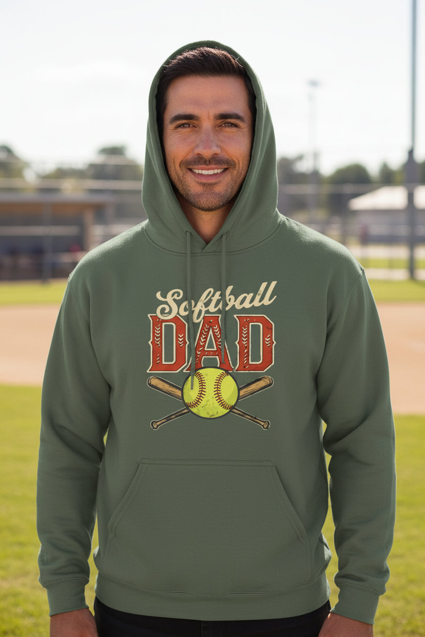 Vintage Softball Dad Hoodie – Retro Sports Fan Pride Design MILITARY GREEN - FRONT