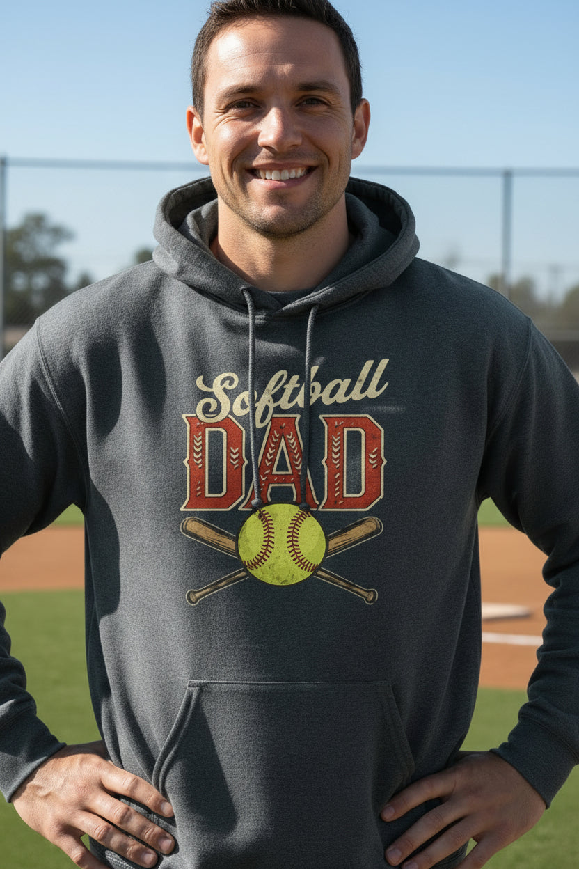 Vintage Softball Dad Hoodie – Retro Sports Fan Pride Design DARK HEATHER - FRONT