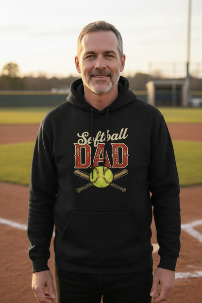 Vintage Softball Dad Hoodie – Retro Sports Fan Pride Design BLACK - FRONT