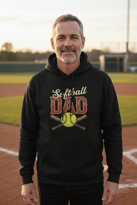 Vintage Softball Dad Hoodie – Retro Sports Fan Pride Design BLACK - FRONT