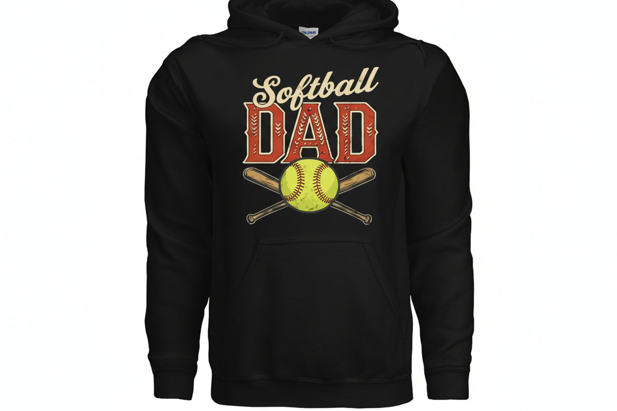 Vintage Softball Dad Hoodie – Retro Sports Fan Pride Design BLACK- FRONT