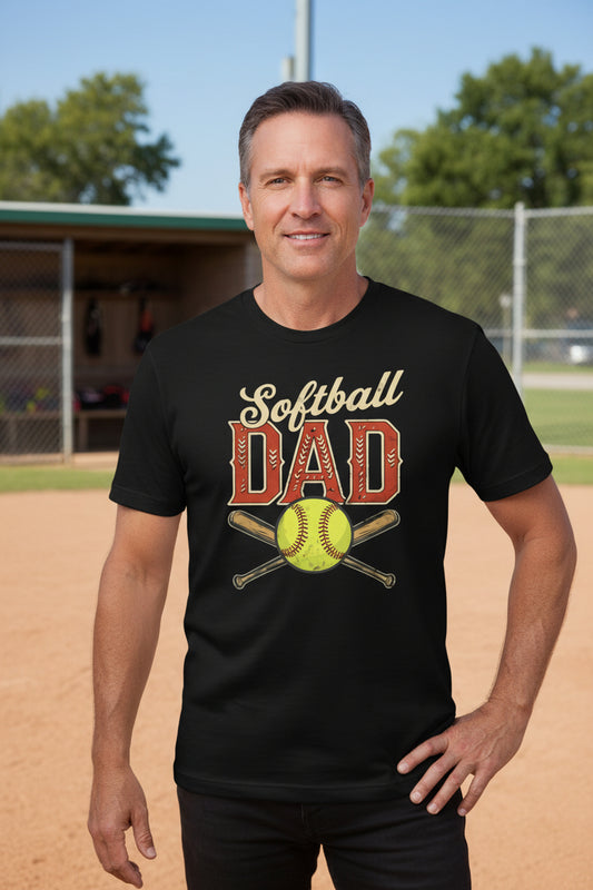 Vintage Softball Dad T-Shirt – Retro Sports Fan Pride Design BLACK - FRONT