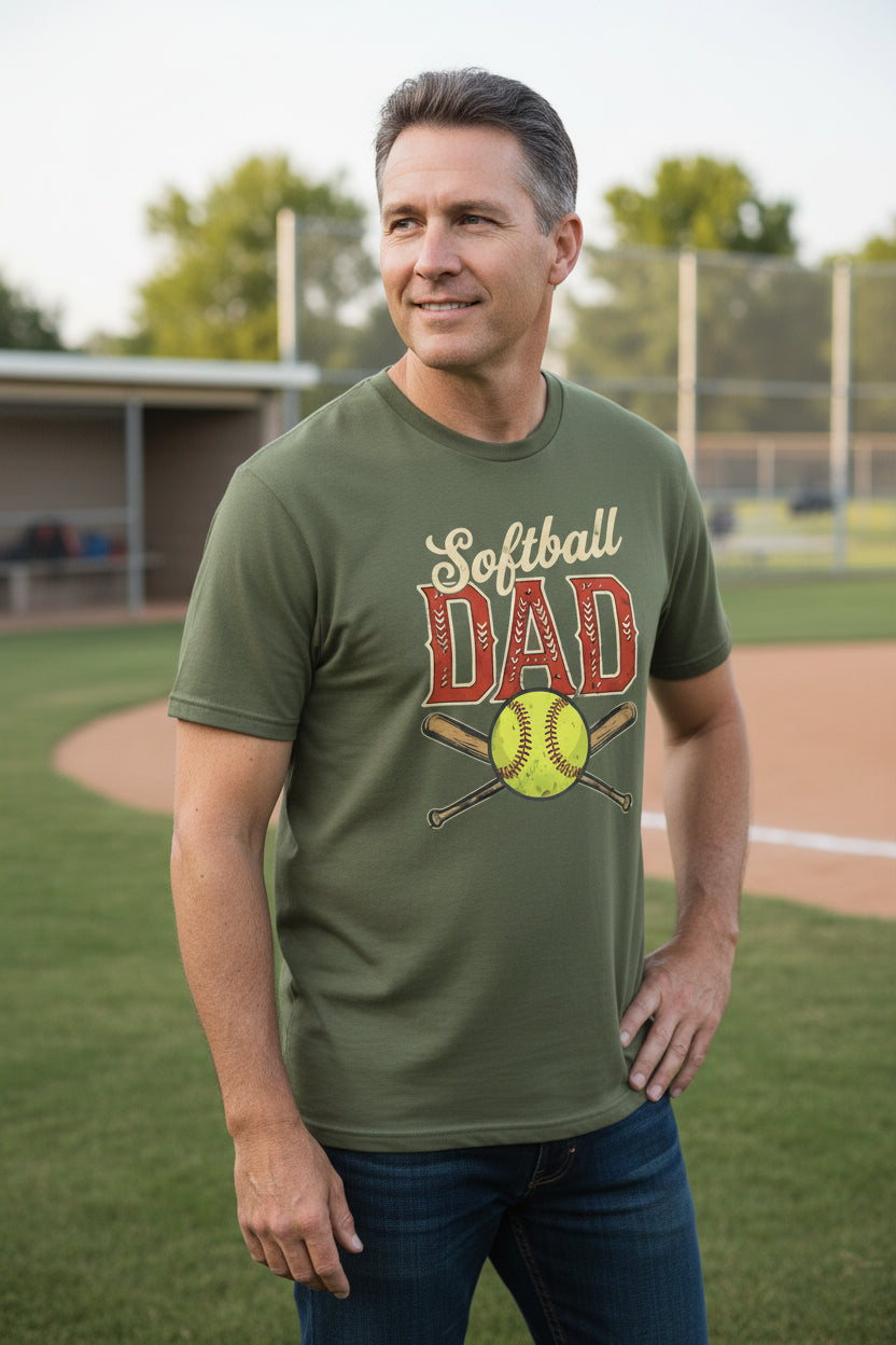 Vintage Softball Dad T-Shirt – Retro Sports Fan Pride Design MILITARY GREEN - FRONT