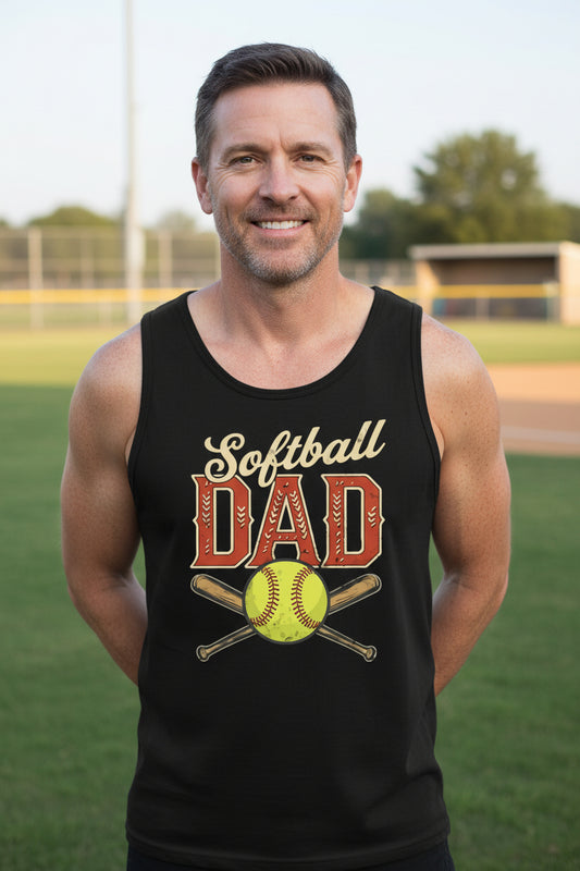 Vintage Softball Dad Tank Top – Retro Sports Fan Pride Design BLACK - FRONT