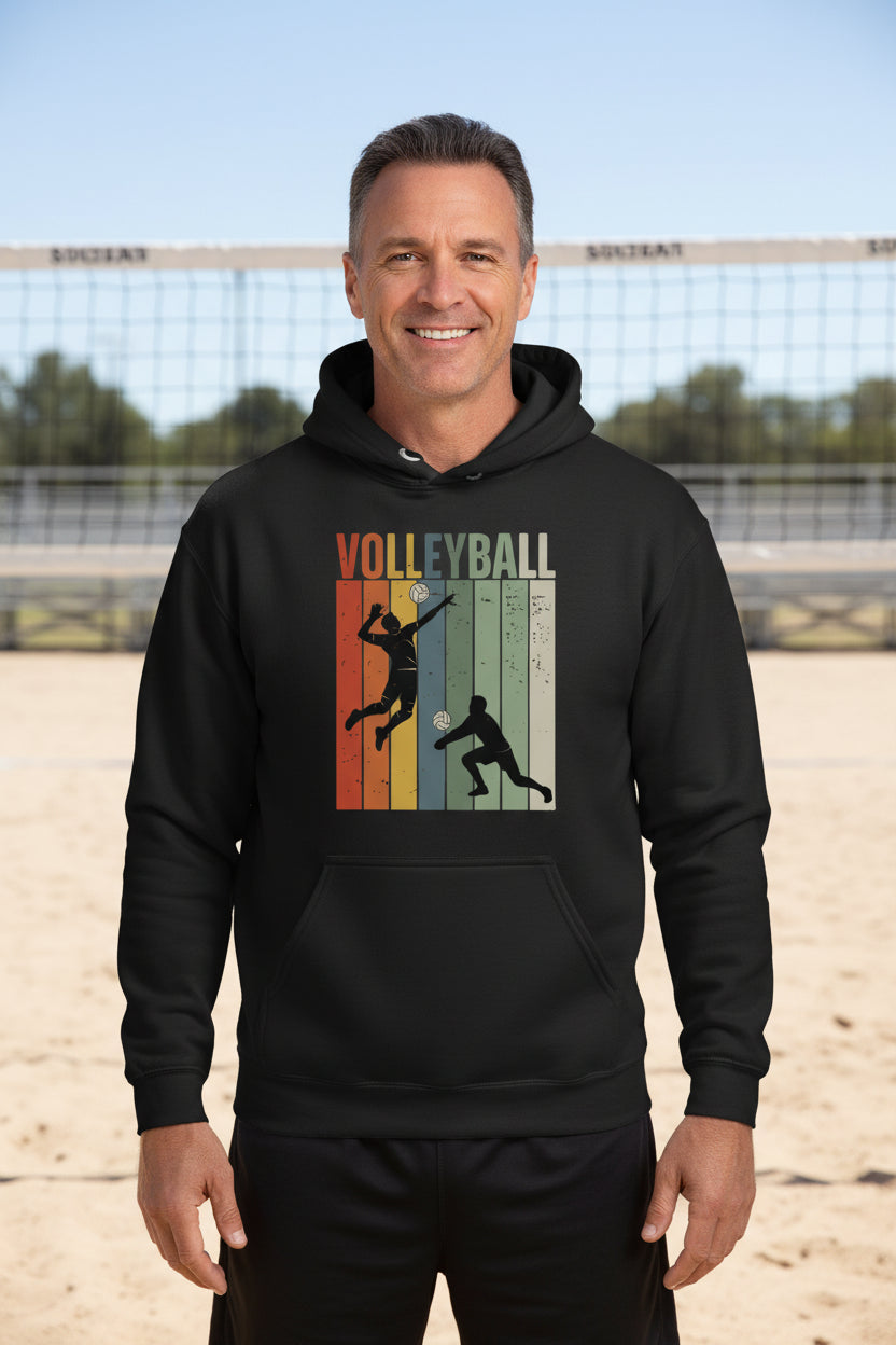 Volleyball Dad Athletic Pride Retro Color Stripe Hoodie Design BLACK - FRONT