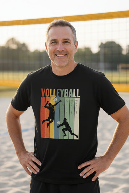 Volleyball Dad Athletic Pride Retro Color Stripe T-Shirt Design BLACK - FRONT