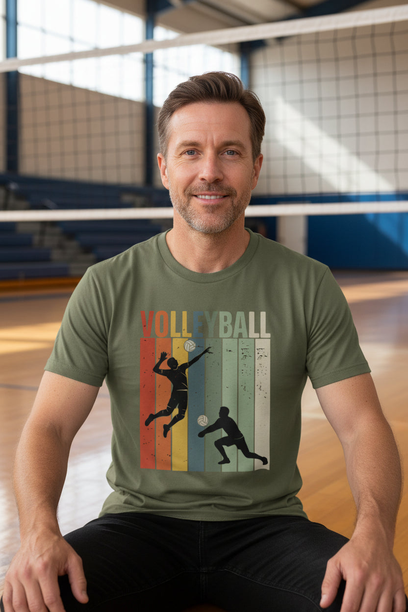 Volleyball Dad Athletic Pride Retro Color Stripe T-Shirt Design MILITARY GREEN - FRONT