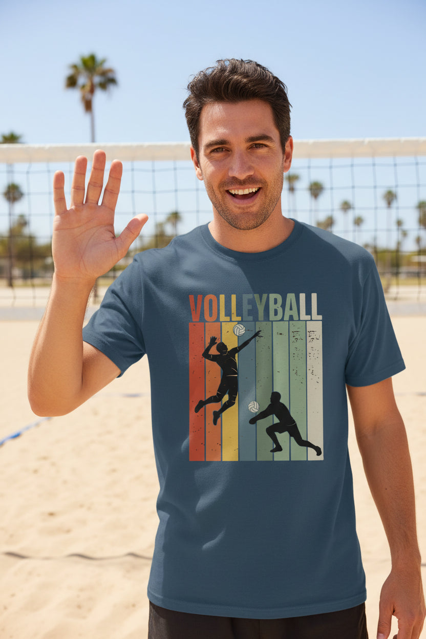 Volleyball Dad Athletic Pride Retro Color Stripe T-Shirt Design MIDNIGHT NAVY - FRONT