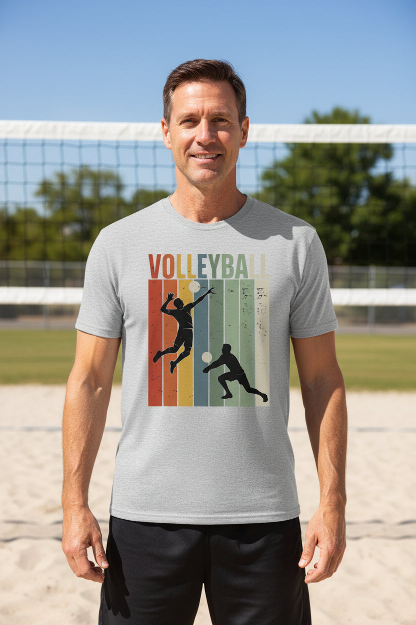 Volleyball Dad Athletic Pride Retro Color Stripe T-Shirt Design HEATHER GRAY - FRONT