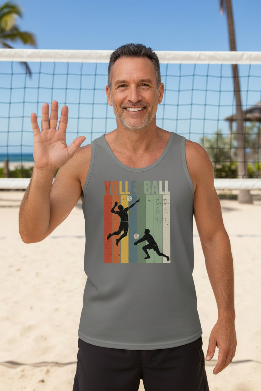 Volleyball Dad Athletic Pride Retro Color Stripe Tank Top Design DARK GREY - FRONT