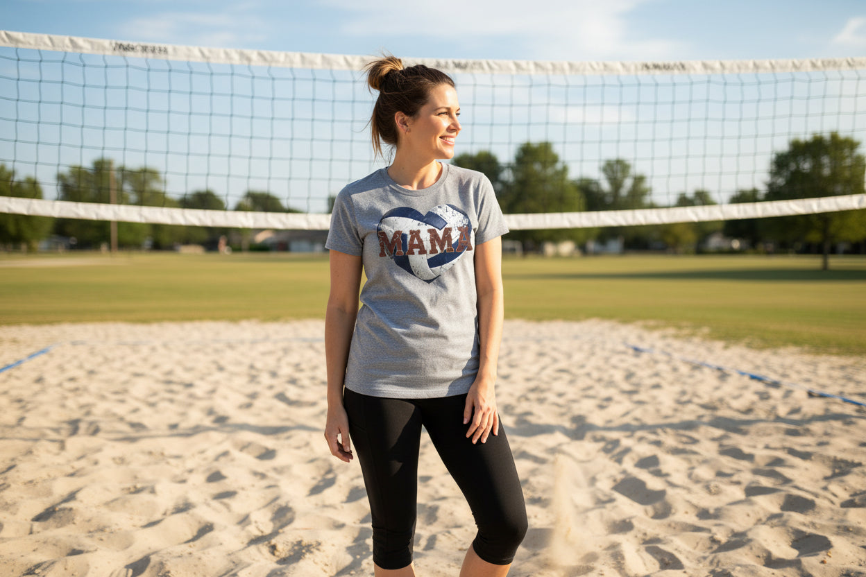 Volleyball Mama Heart T-Shirt – Athletic Pride Mom Spirit  DEEP HEATHER - FRONT