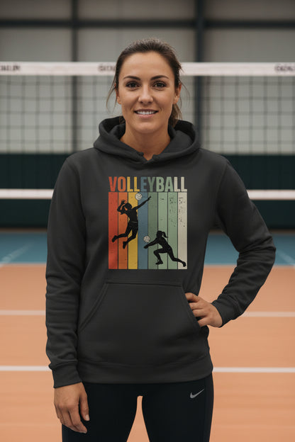 Volleyball Mom Athletic Pride Retro Color Stripe Hoodie Design BLACK - FRONT