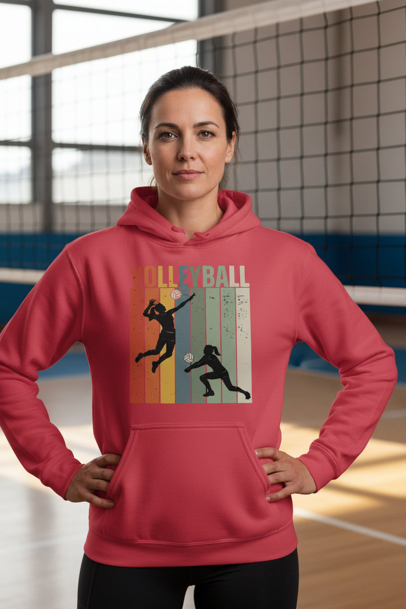 Volleyball Mom Athletic Pride Retro Color Stripe Hoodie Design RED - FRONT