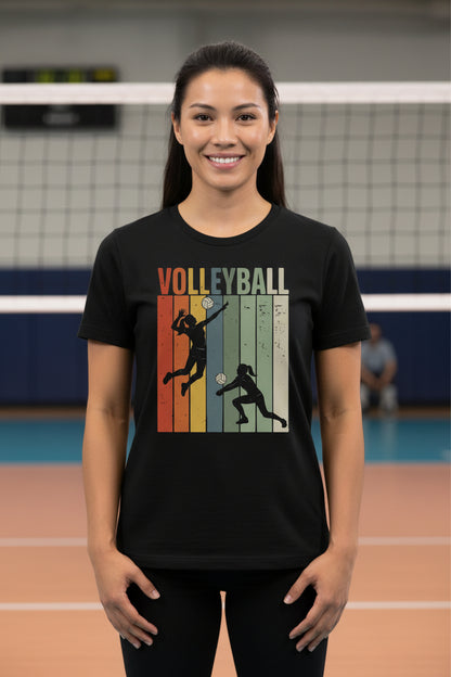 Volleyball Mom Athletic Pride Retro Color Stripe T-Shirt Design BLACK - FRONT