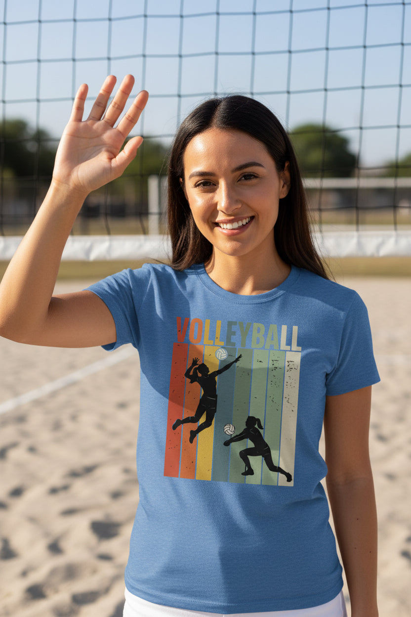 Volleyball Mom Athletic Pride Retro Color Stripe T-Shirt Design HTHR TRUE ROYAL - FRONT