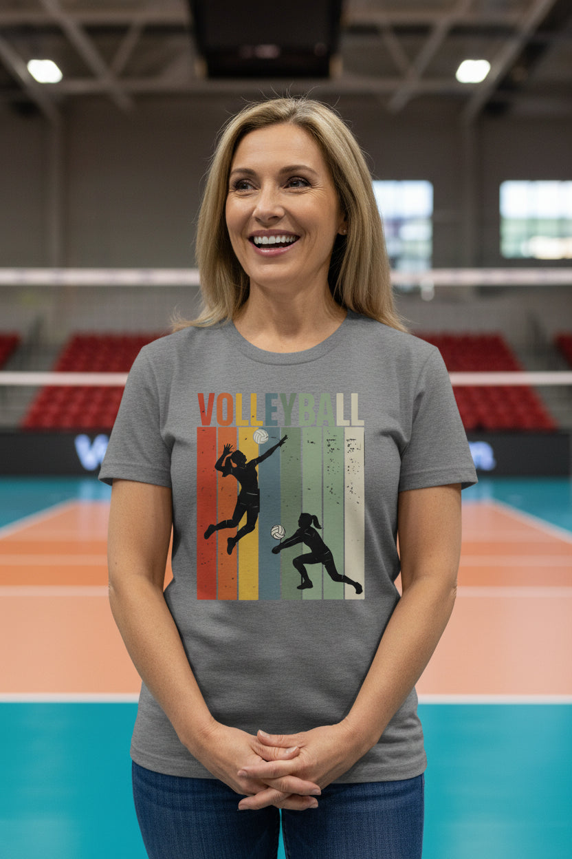 Volleyball Mom Athletic Pride Retro Color Stripe T-Shirt Design DEEP HEATHER - FRONT