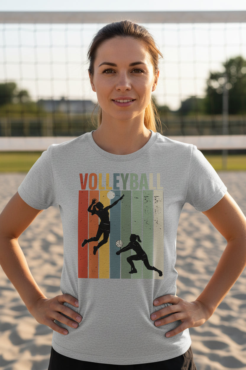 Volleyball Mom Athletic Pride Retro Color Stripe T-Shirt Design ATHLETIC HEATHER - FRONT
