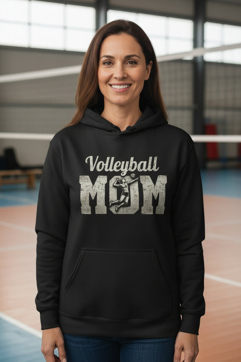 Volleyball Mom Bold Vintage Hoodie – Competitive Spirit Sports Parent Style BLACK - FRONT
