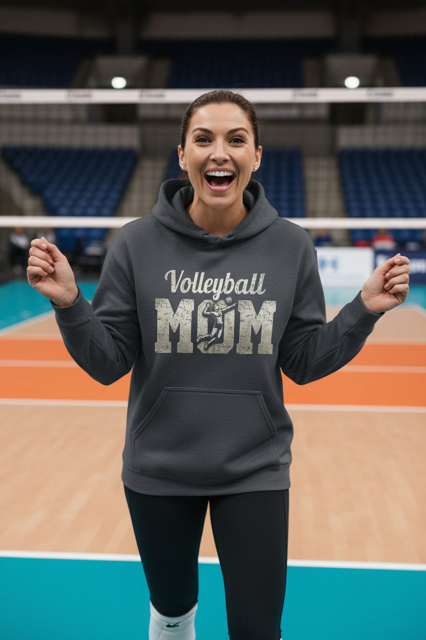 Volleyball Mom Bold Vintage Hoodie – Competitive Spirit Sports Parent Style DARK HEATHER - FRONT