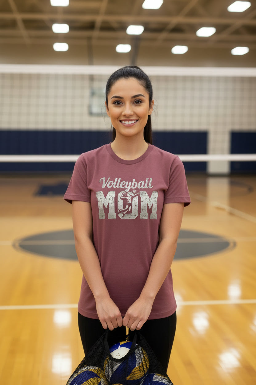 Volleyball Mom Bold Vintage T-Shirt– Competitive Spirit Sports Parent Style MAROON - FRONT