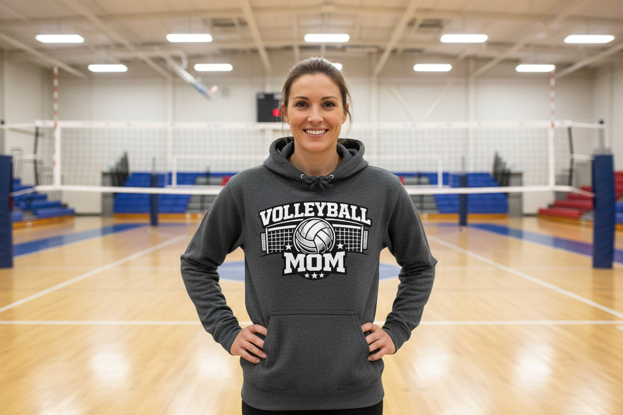 Volleyball Mom Hoodie – Cute & Bold Volleyball Fan Design DARK HEATHER - FRONT