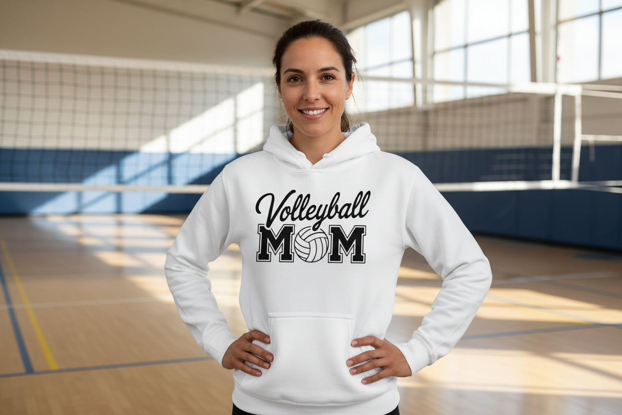 Volleyball Mom Script Design with Ball Graphic – Game Day Spirit Style Hoodie WHITE - FRONT