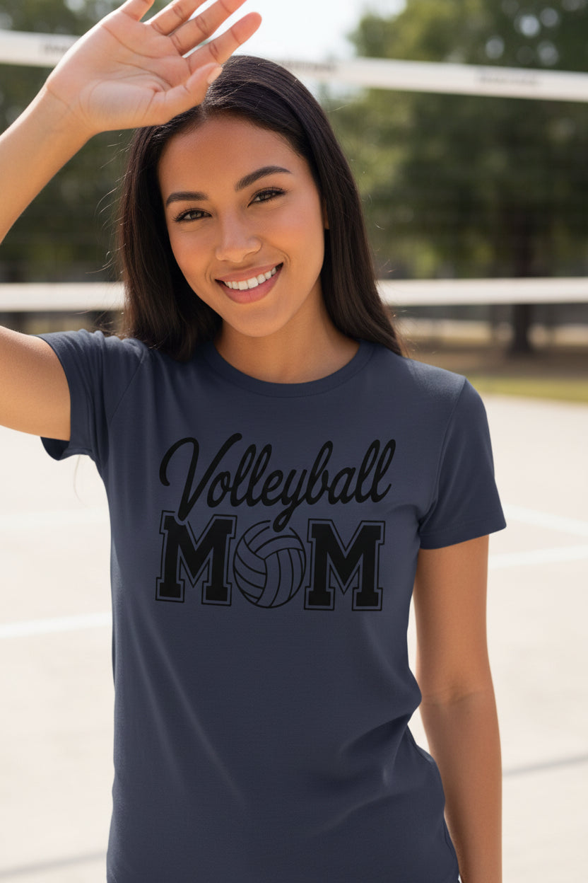 Volleyball Mom Script Design with Ball Graphic – Game Day Spirit Style T-Shirt NAVY - FRONT