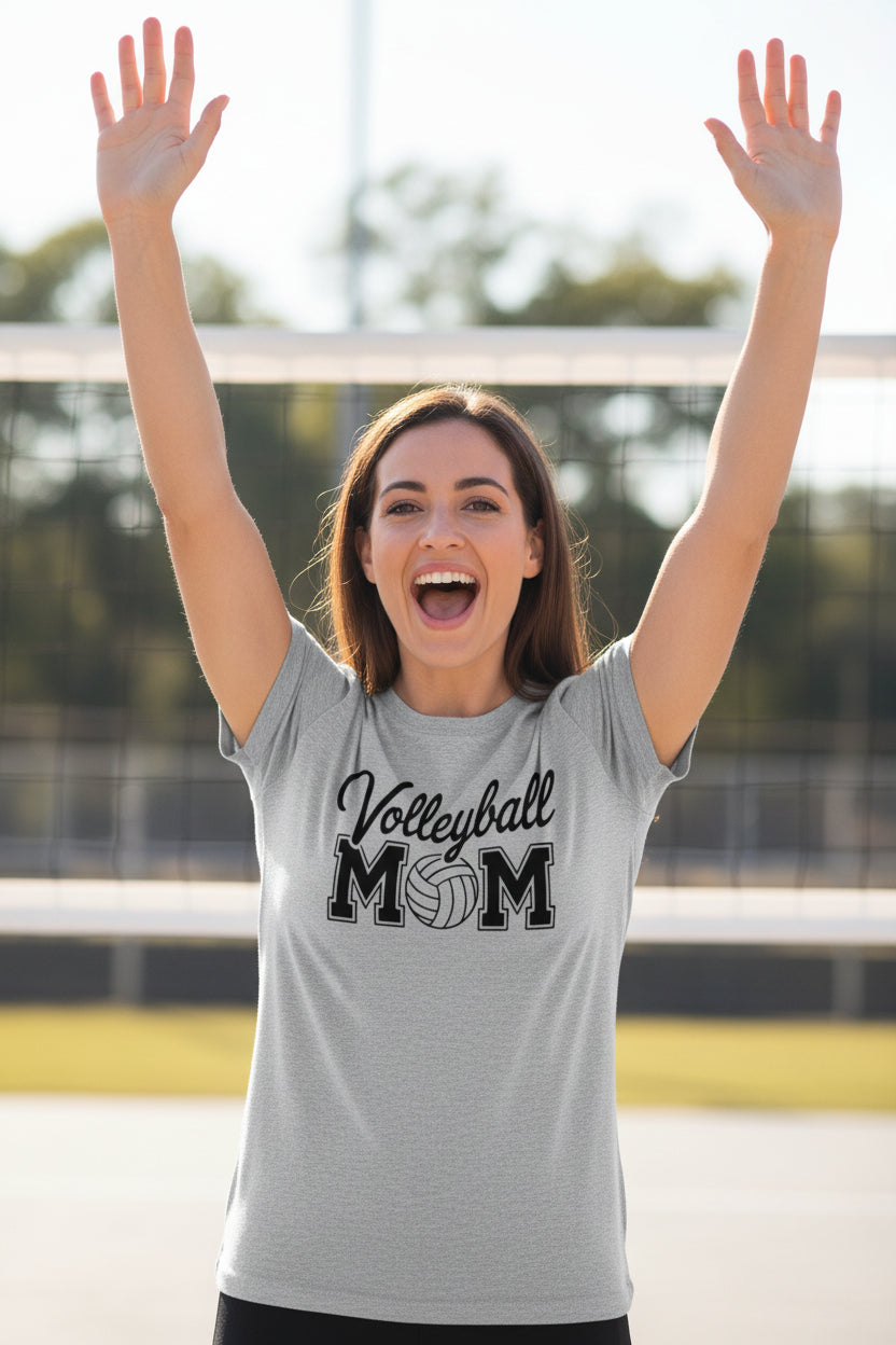 Volleyball Mom Script Design with Ball Graphic – Game Day Spirit Style T-Shirt  ATHLETIC HEATHER - FRONT