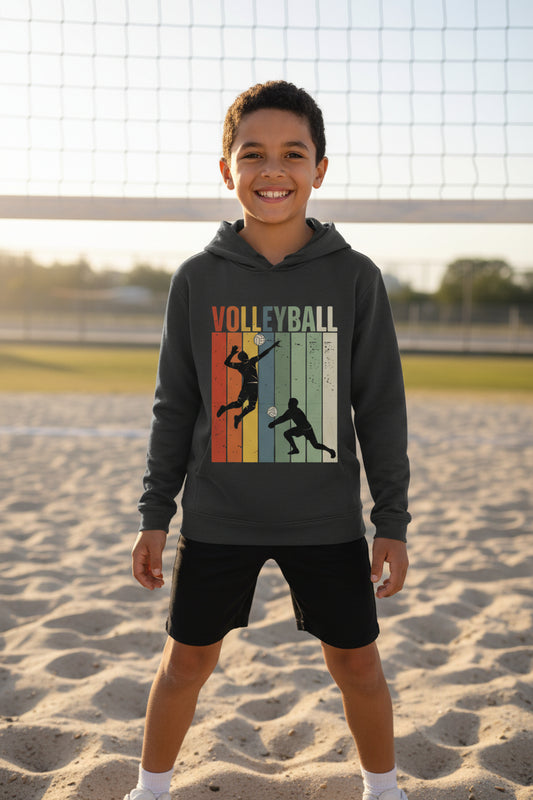 Volleyball Spiker Vintage Color Stripe Hoodie for Boys- Athletic Sports Fan Art Black - YST358 - FRONT