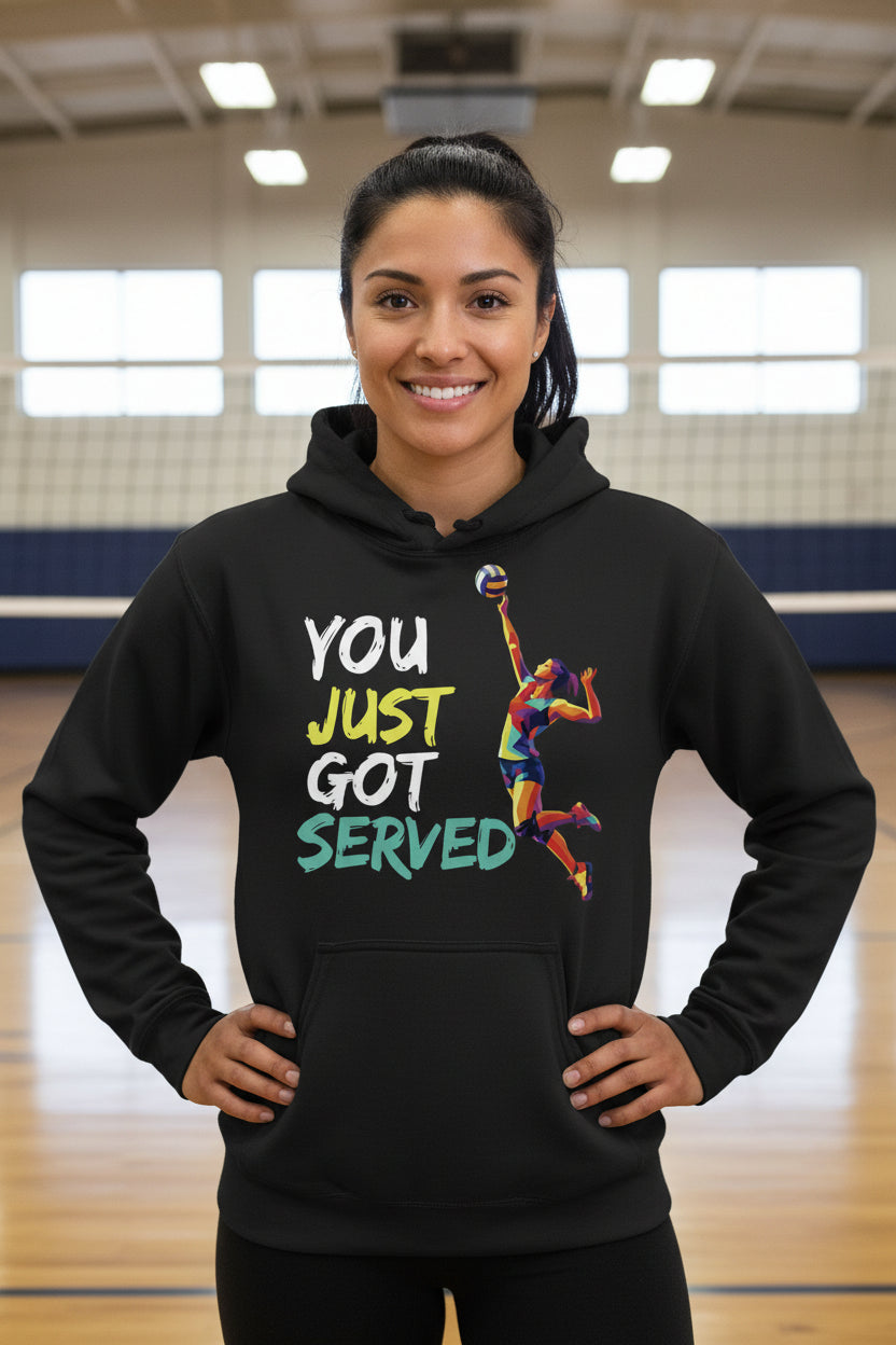 You Just Got Served Volleyball Ladies Hoodie– Colorful Athlete Action Graphic BLACK - FRONT