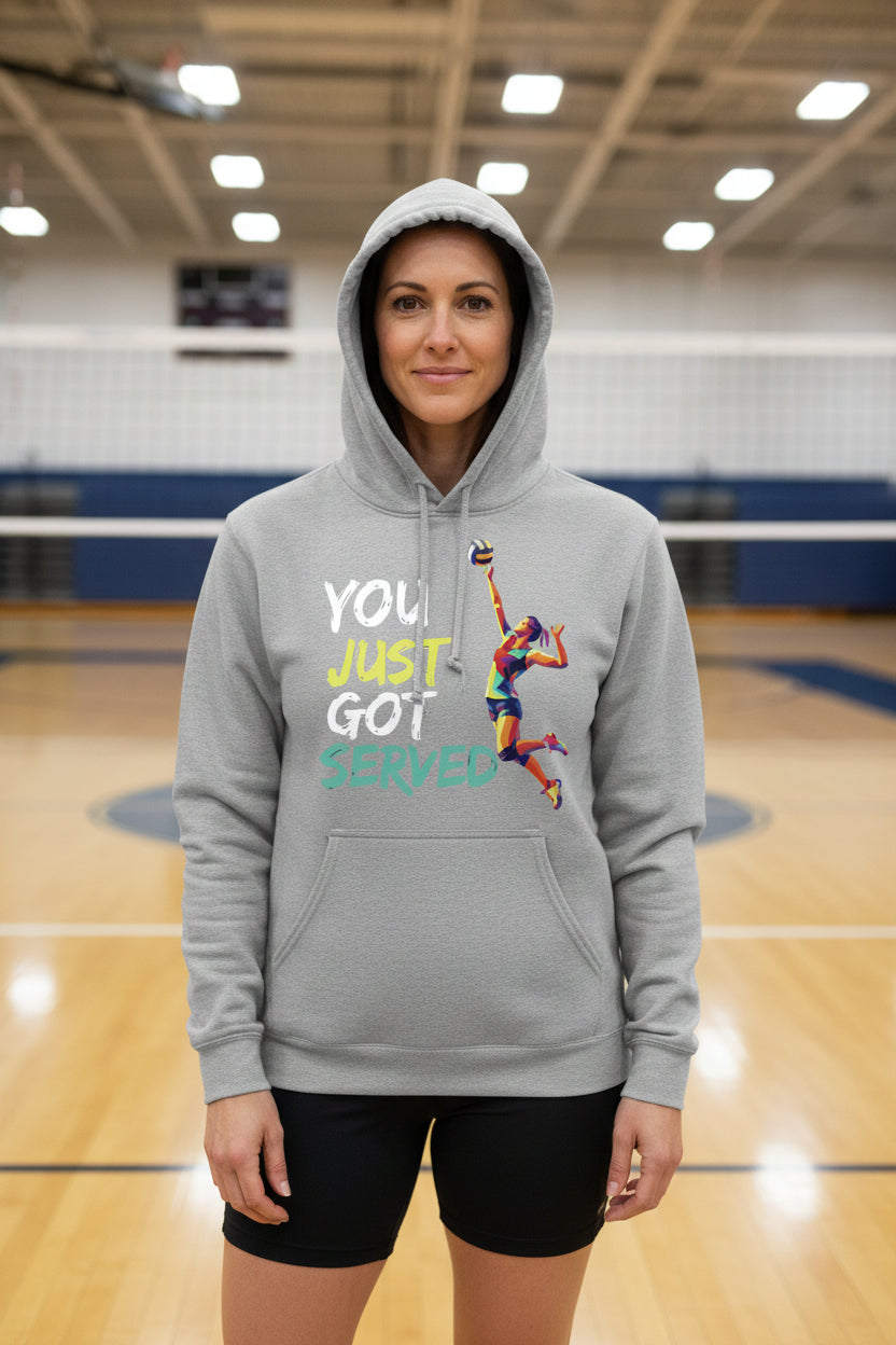 You Just Got Served Volleyball Ladies Hoodie– Colorful Athlete Action Graphic SPORT GREY - FRONT