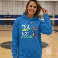 You Just Got Served Volleyball Ladies Hoodie– Colorful Athlete Action Graphic Royal - FRONT
