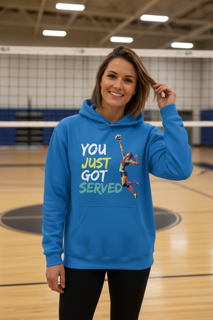 You Just Got Served Volleyball Ladies Hoodie– Colorful Athlete Action Graphic Royal - FRONT