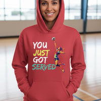 You Just Got Served Volleyball Ladies Hoodie– Colorful Athlete Action Graphic RED - FRONT