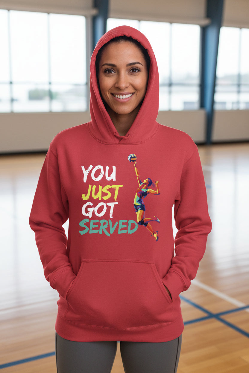 You Just Got Served Volleyball Ladies Hoodie– Colorful Athlete Action Graphic RED - FRONT