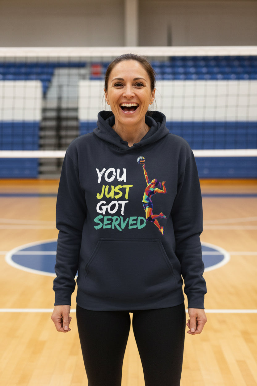 You Just Got Served Volleyball Ladies Hoodie– Colorful Athlete Action Graphic NAVY - FRONT