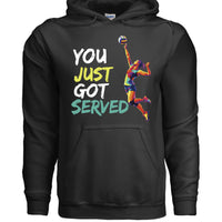 You Just Got Served Volleyball Ladies Hoodie– Colorful Athlete Action Graphic BLACK- FRONT