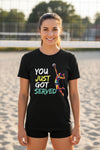 You Just Got Served Volleyball Ladies T-Shirt– Colorful Athlete Action Graphic BLACK - FRONT
