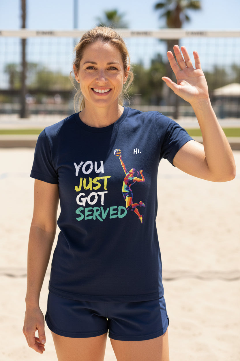 You Just Got Served Volleyball Ladies T-Shirt– Colorful Athlete Action Graphic NAVY - FRONT