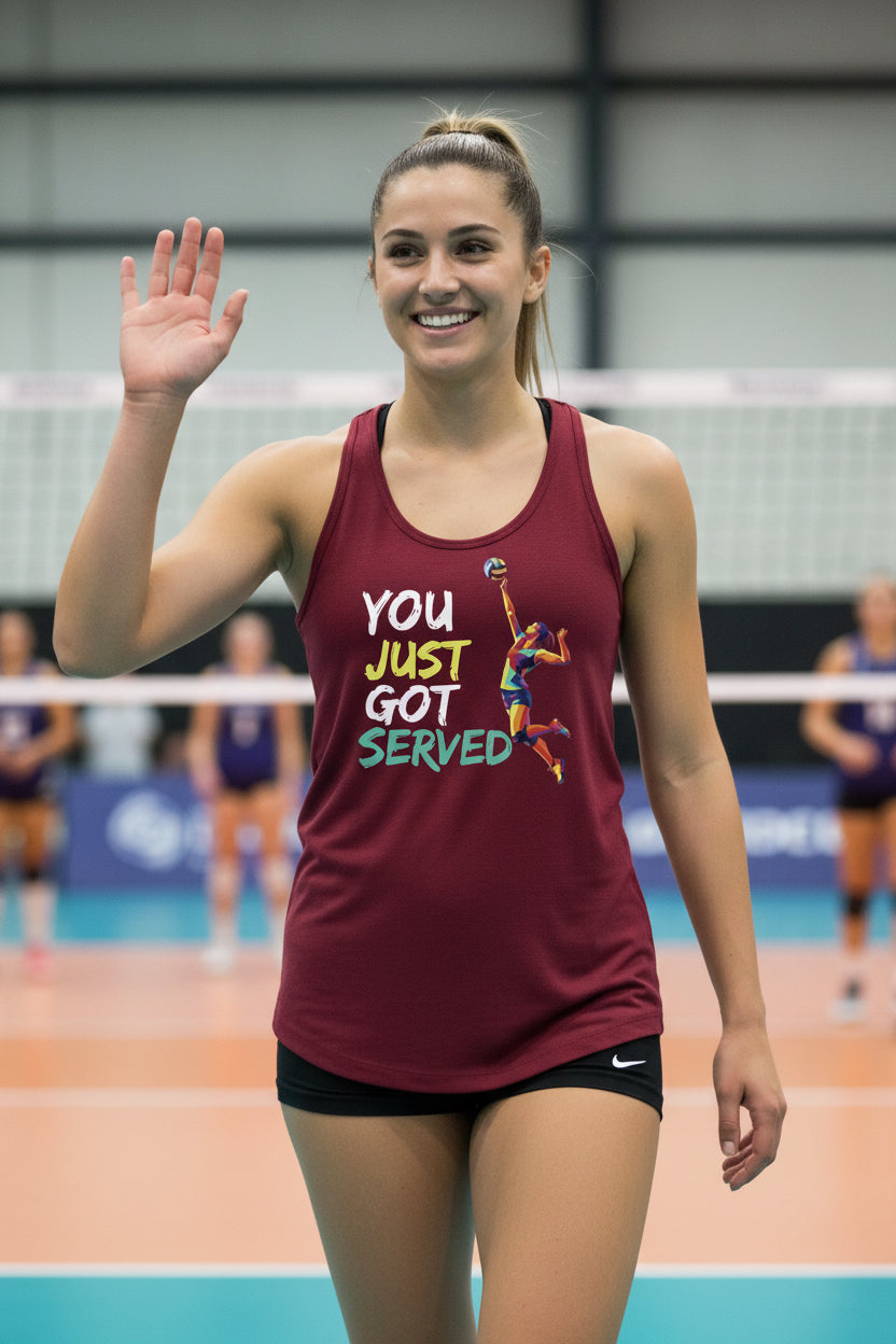 You Just Got Served Volleyball Ladies Tank Top – Colorful Athlete Action Graphic Scarlet - FRONT
