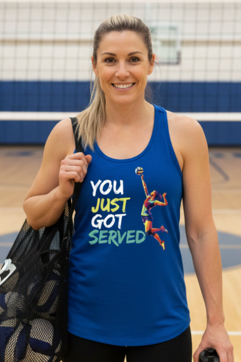 You Just Got Served Volleyball Ladies Tank Top – Colorful Athlete Action Graphic Royal - FRONT