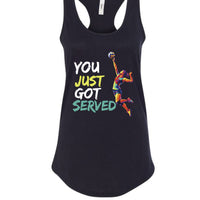 You Just Got Served Volleyball Ladies Tank Top – Colorful Athlete Action Graphic BLACK- FRONT