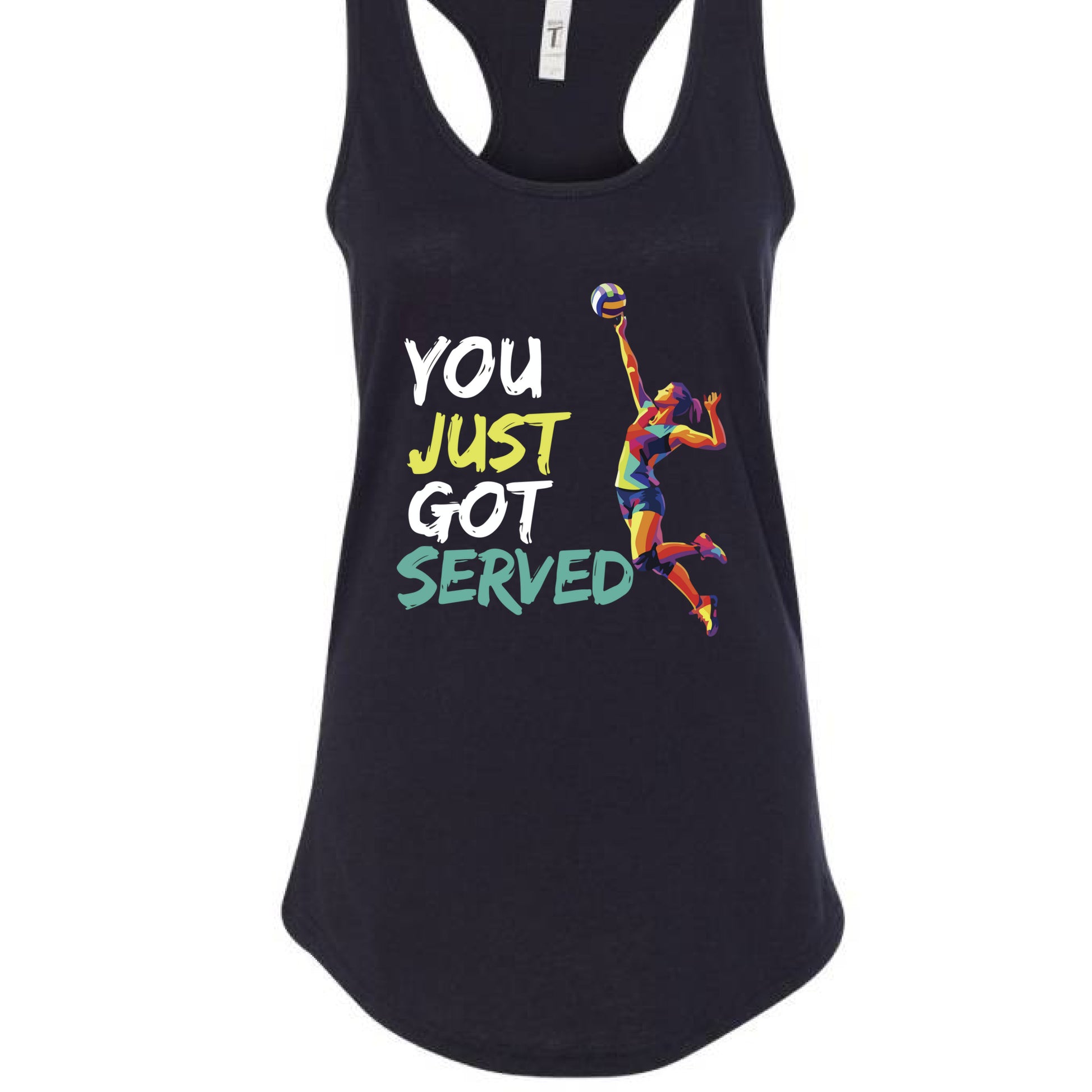 You Just Got Served Volleyball Ladies Tank Top – Colorful Athlete Action Graphic BLACK- FRONT